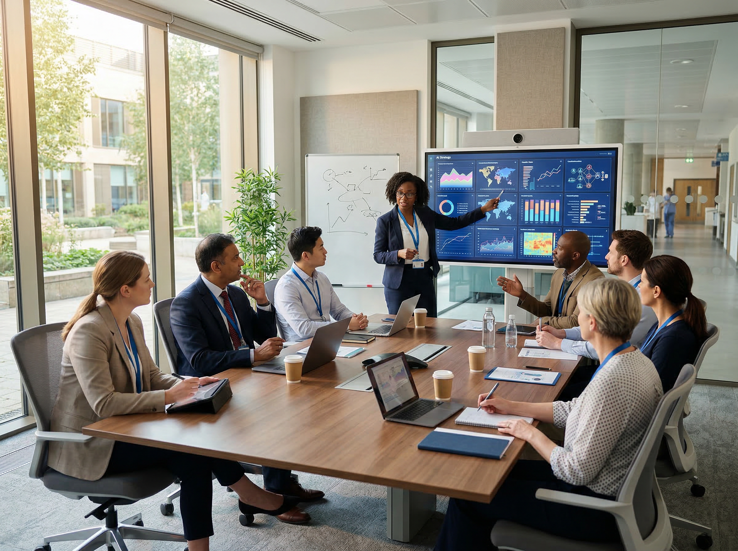 Consultants discussing AI strategy with healthcare leaders