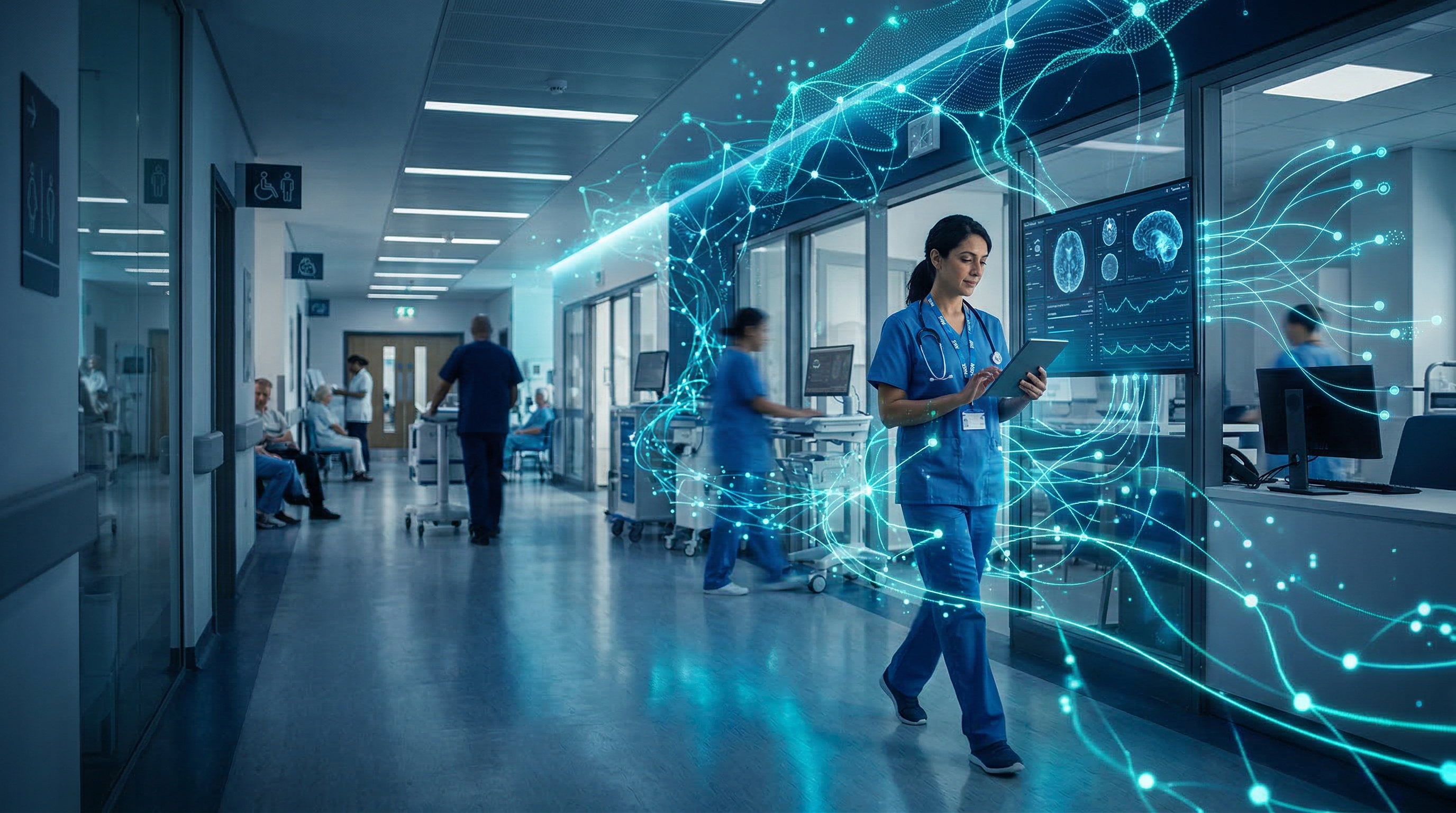 AI-powered healthcare environment with neural network visualization