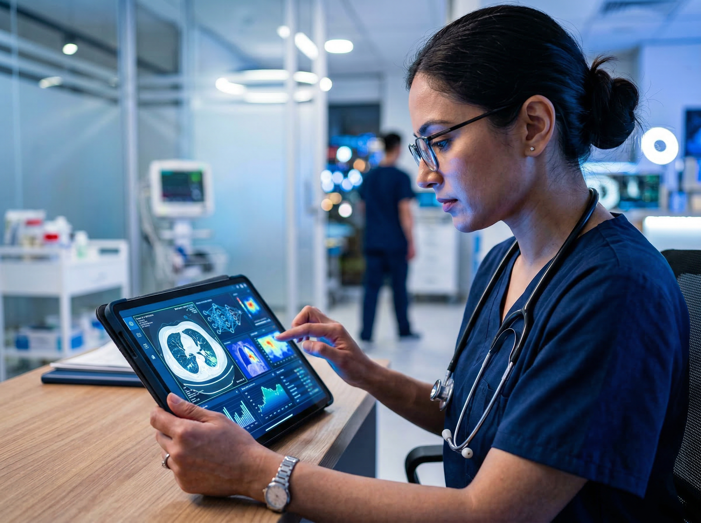 Healthcare professional using AI diagnostic tool on tablet